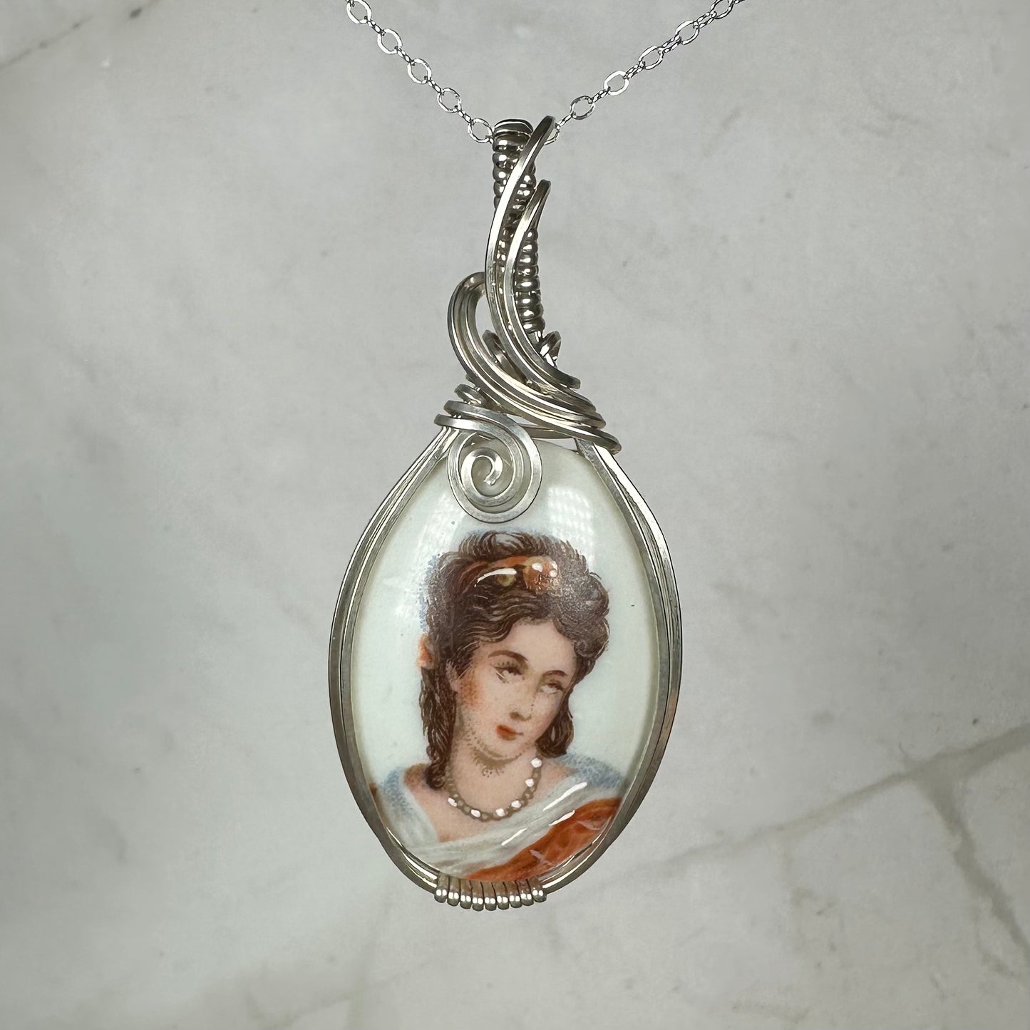 Vintage Porcelain Limoges France Cameo Portrait Pendant Wire-Wrapped in Sterling Silver