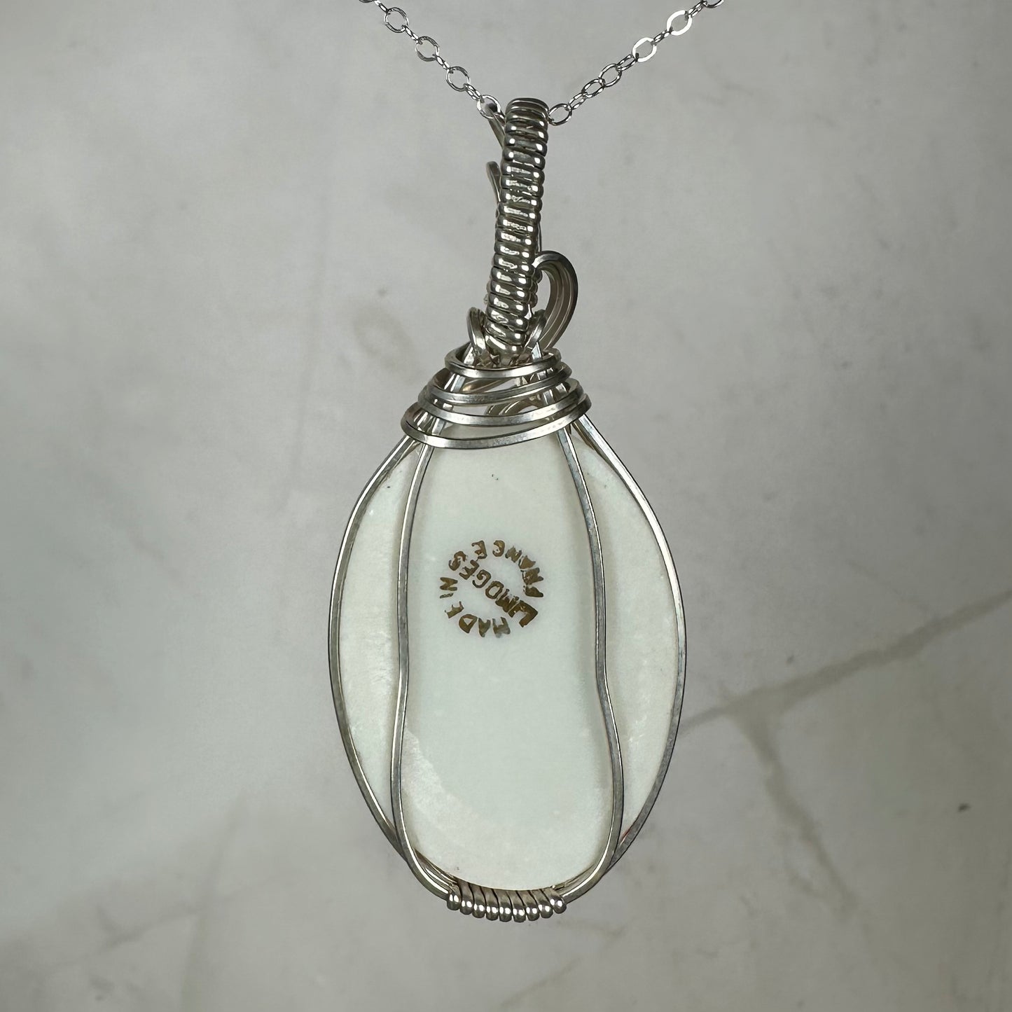 Vintage Porcelain Limoges France Cameo Portrait Pendant Wire-Wrapped in Sterling Silver