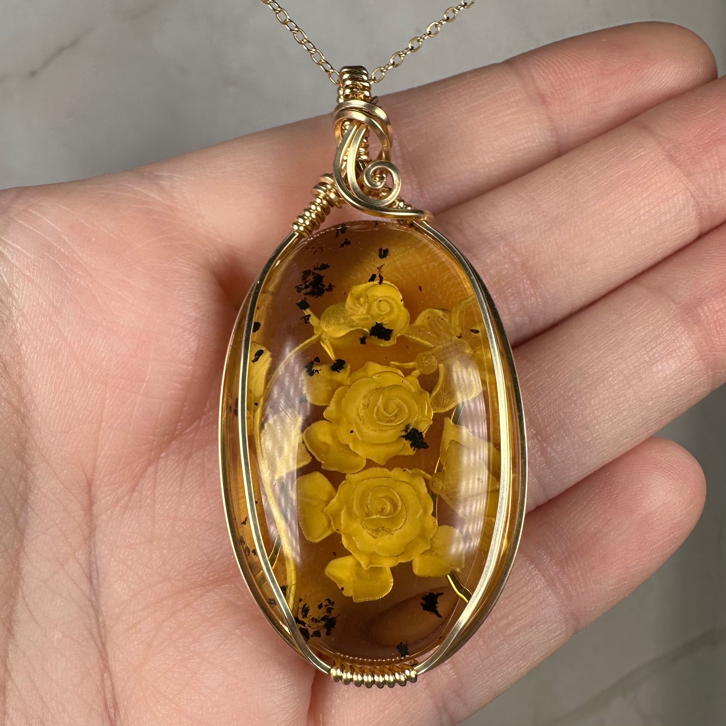 Carved Mexican Amber with Flowers and Butterflies Pendant Wire-Wrapped in 14k Goldfill