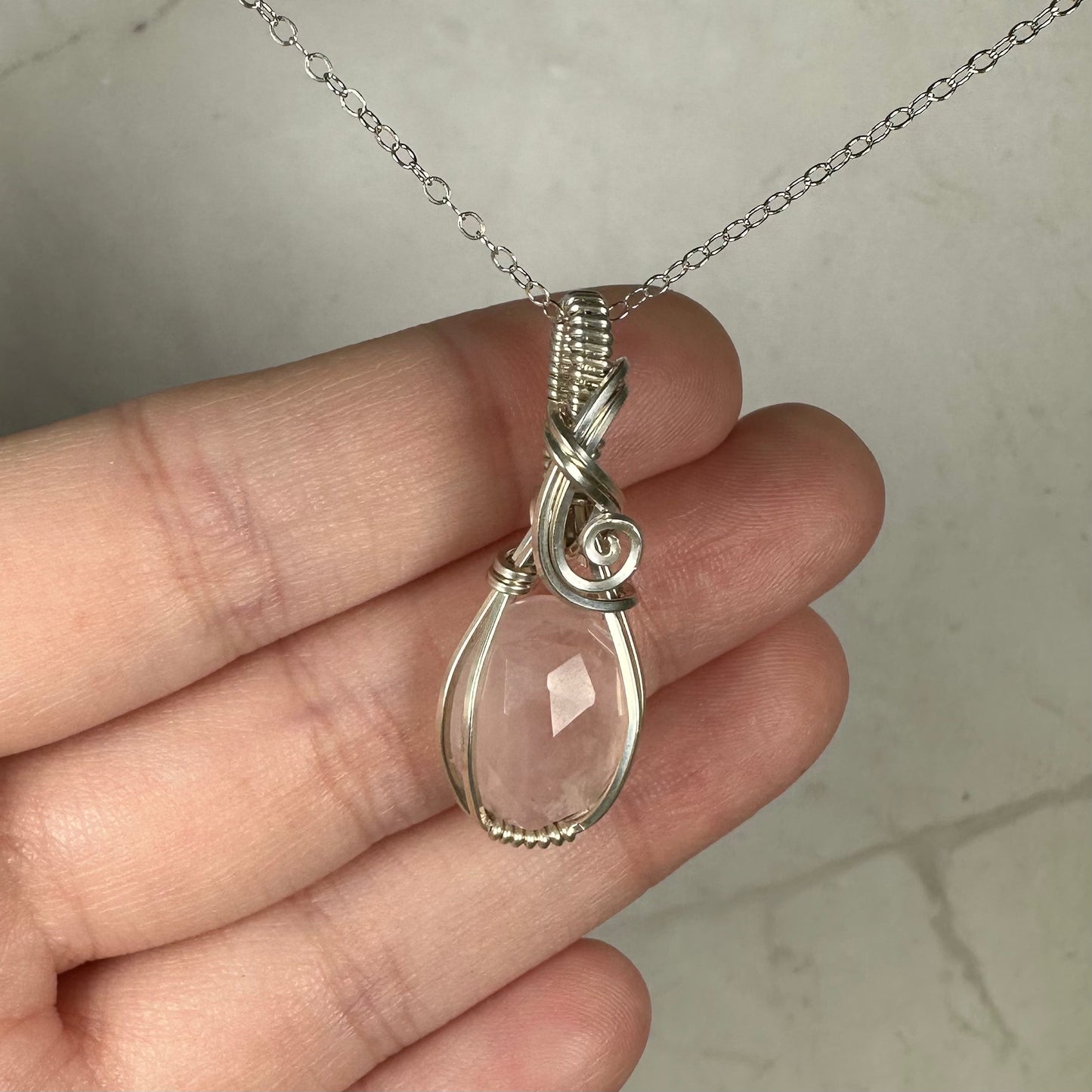 Rosecut Rose Quartz Pendant Wire-Wrapped in Sterling Silver