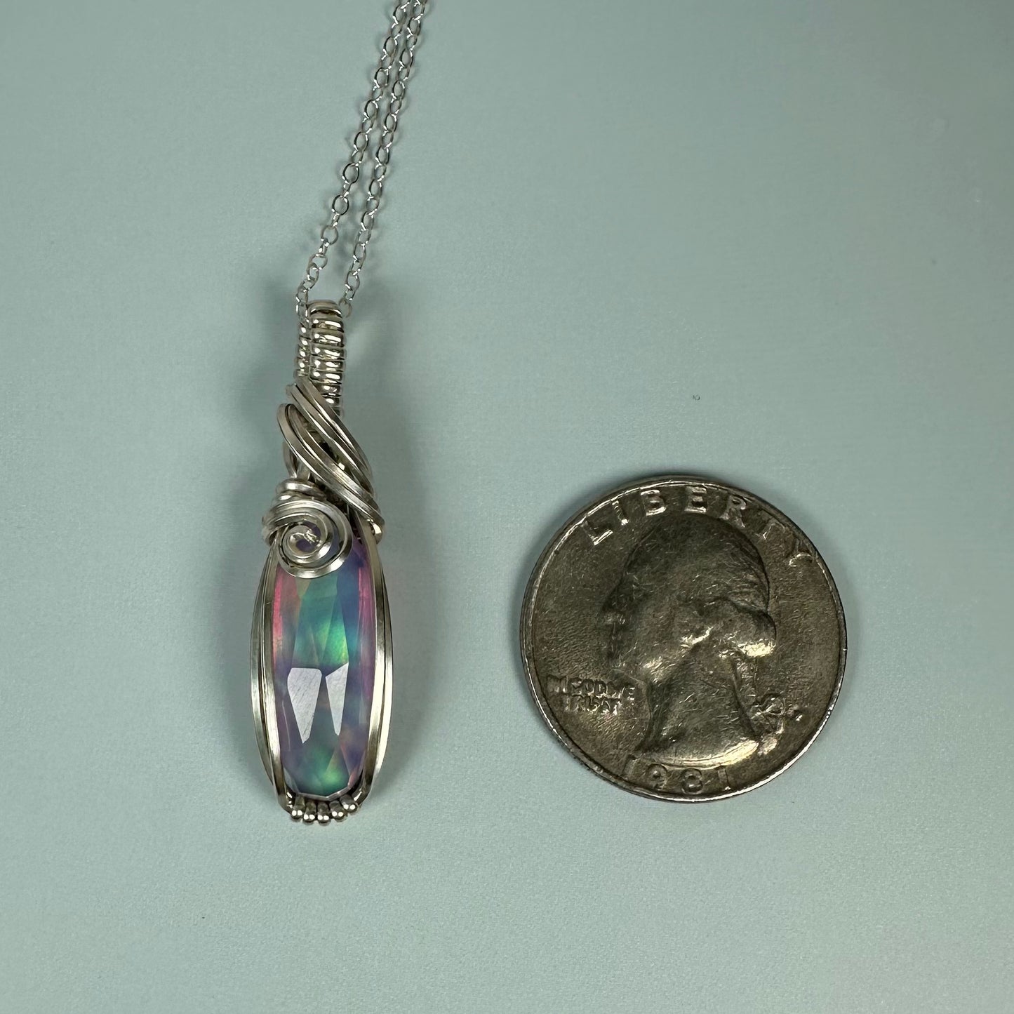 Aurora Opal Doublet Pendant Wire-Wrapped in Sterling Silver