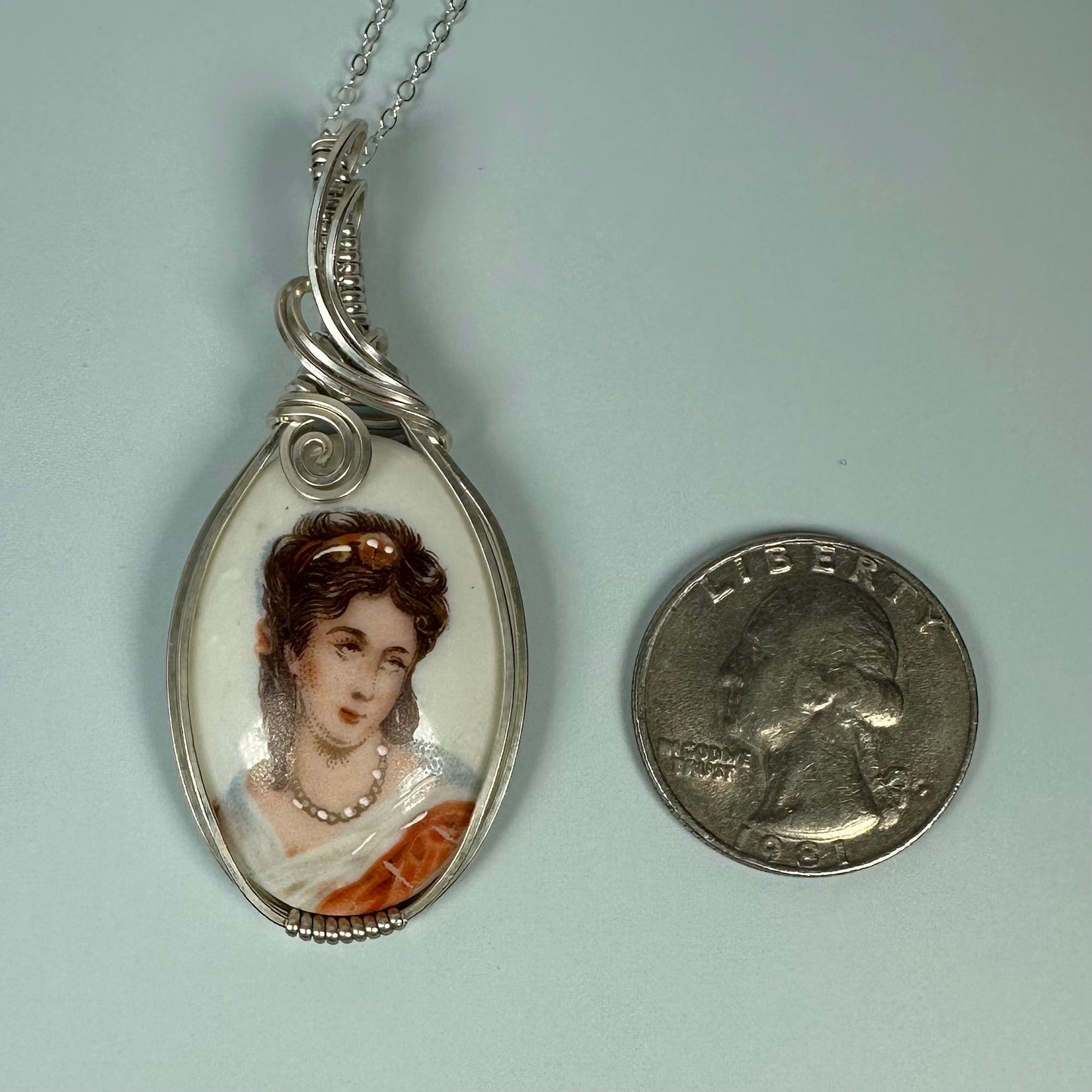 Vintage Porcelain Limoges France Cameo Portrait Pendant Wire-Wrapped in Sterling Silver