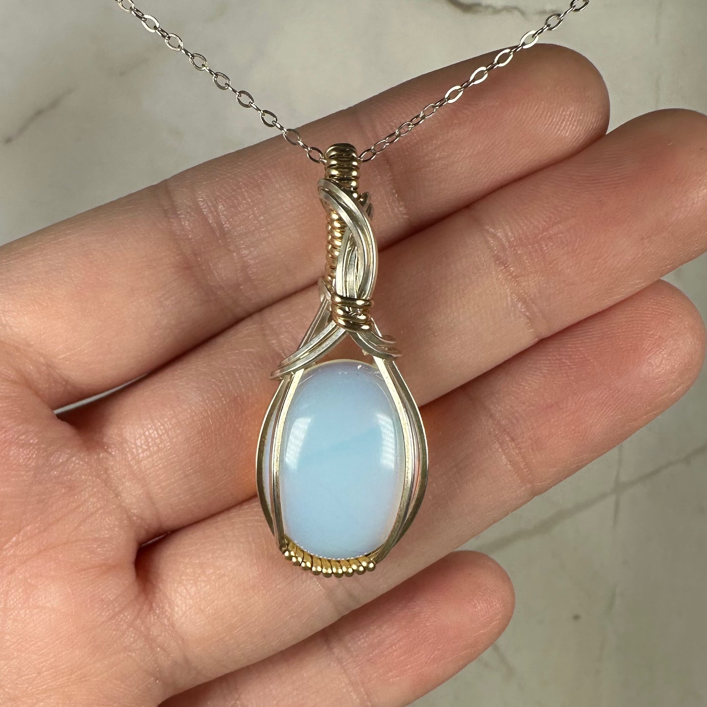 Opalite Glass Pendant Wire-Wrapped in Sterling Silver