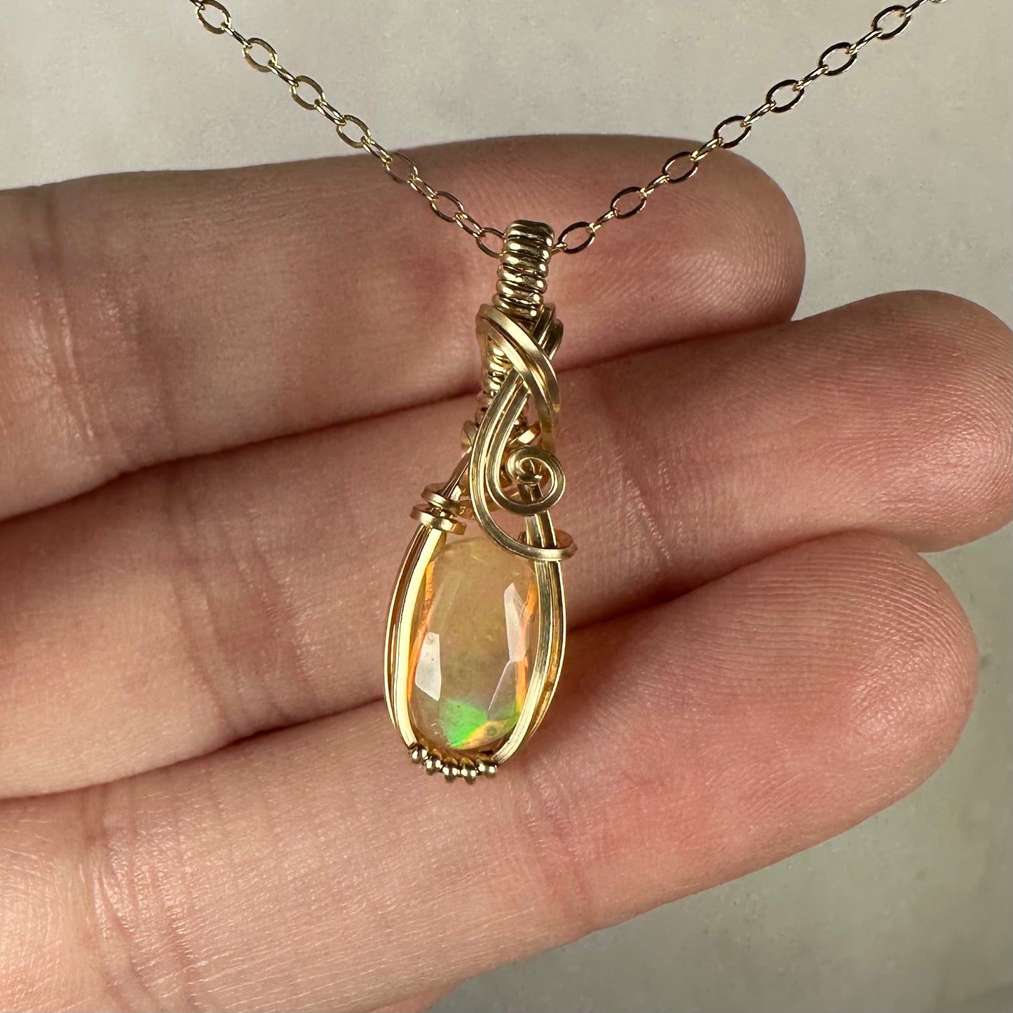 Natural Ethiopian Opal Pendant Wire-Wrapped in 14k Goldfill