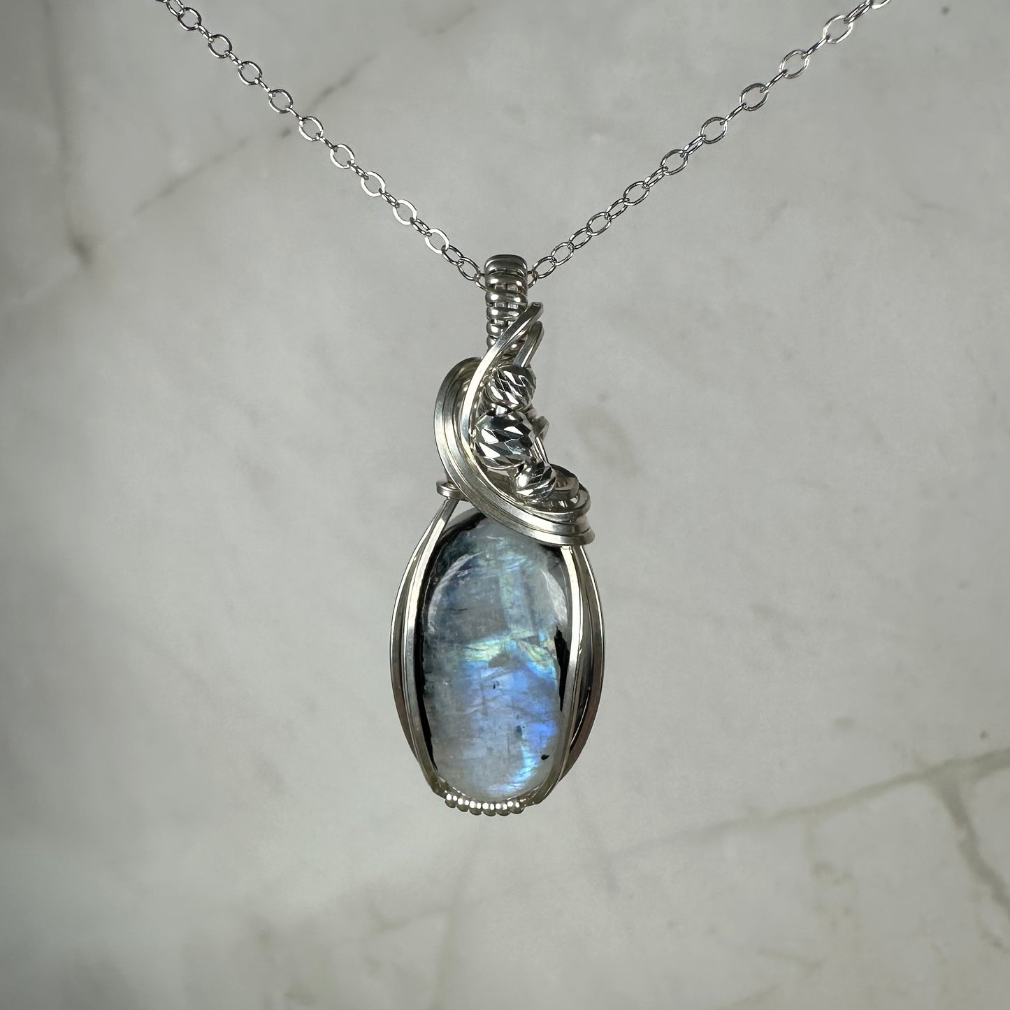 Rainbow Moonstone with Black Tourmaline Pendant Wire-Wrapped in Sterling Silver