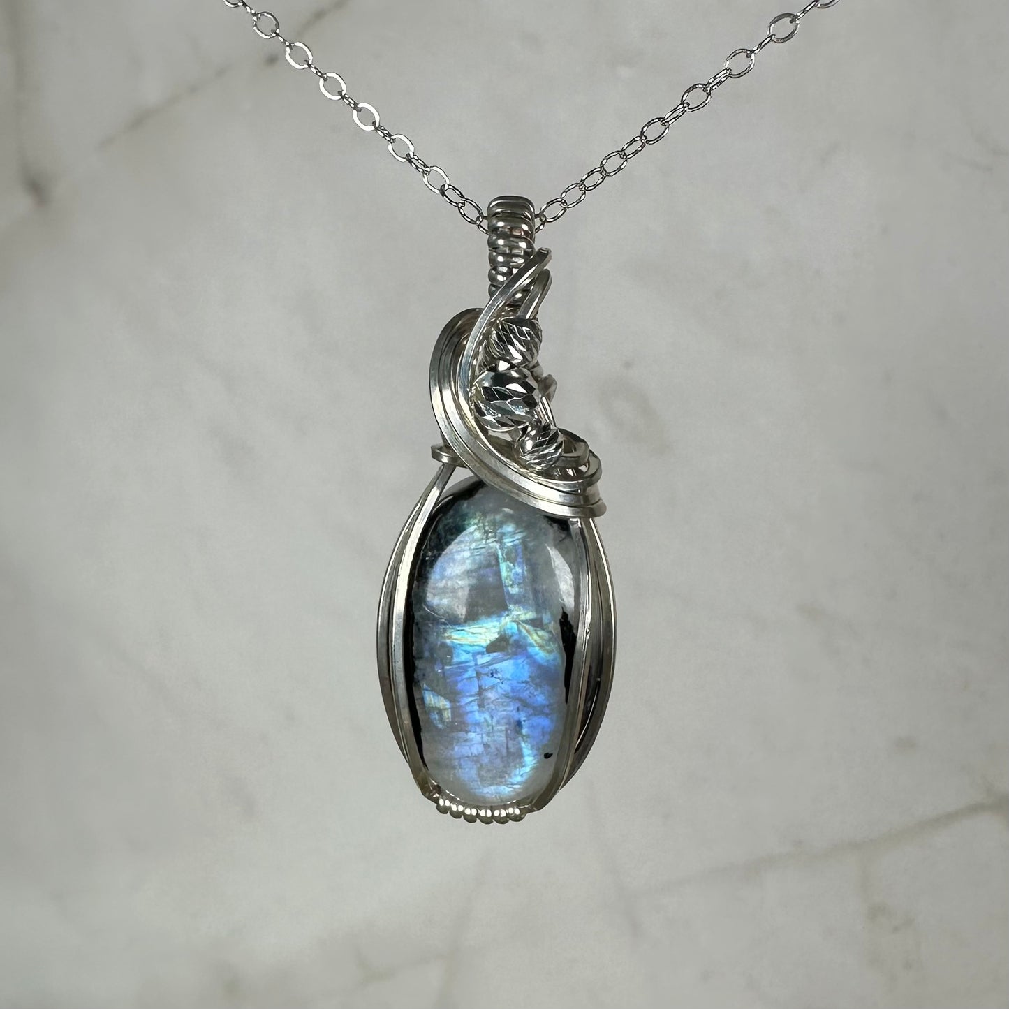 Rainbow Moonstone with Black Tourmaline Pendant Wire-Wrapped in Sterling Silver