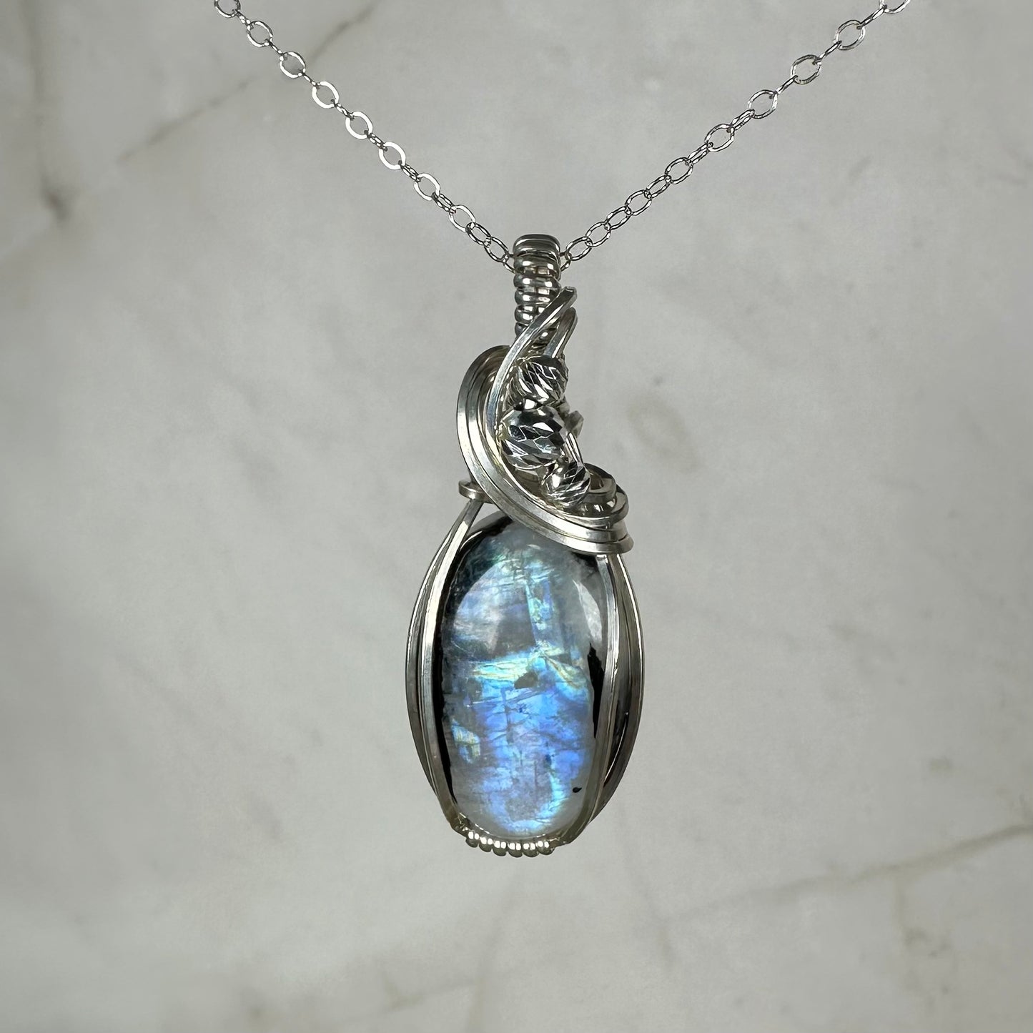 Rainbow Moonstone with Black Tourmaline Pendant Wire-Wrapped in Sterling Silver