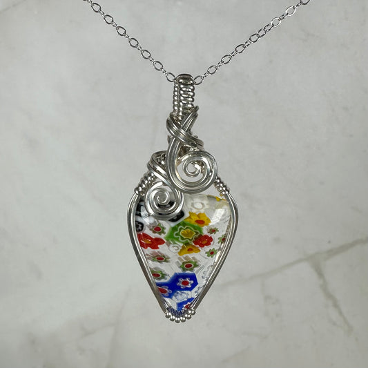 Rainbow Murano "Millefiori" Glass Pendant Wire-Wrapped in Sterling Silver