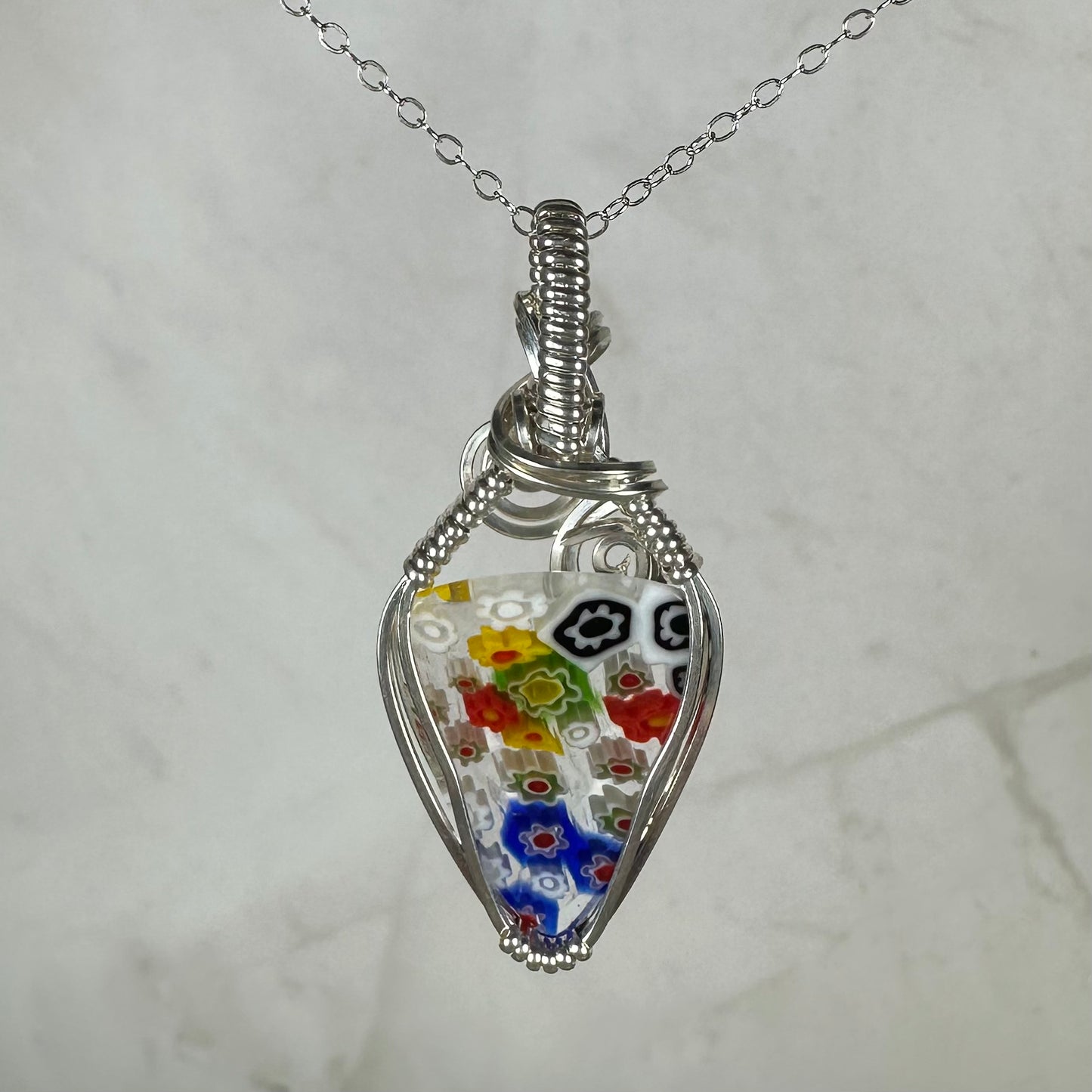 Rainbow Murano "Millefiori" Glass Pendant Wire-Wrapped in Sterling Silver