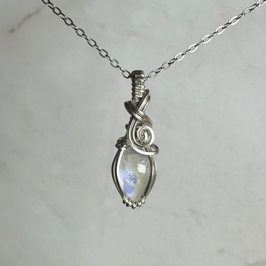 Sterling Silver Wire-Wrapped Rainbow Moonstone Pendant