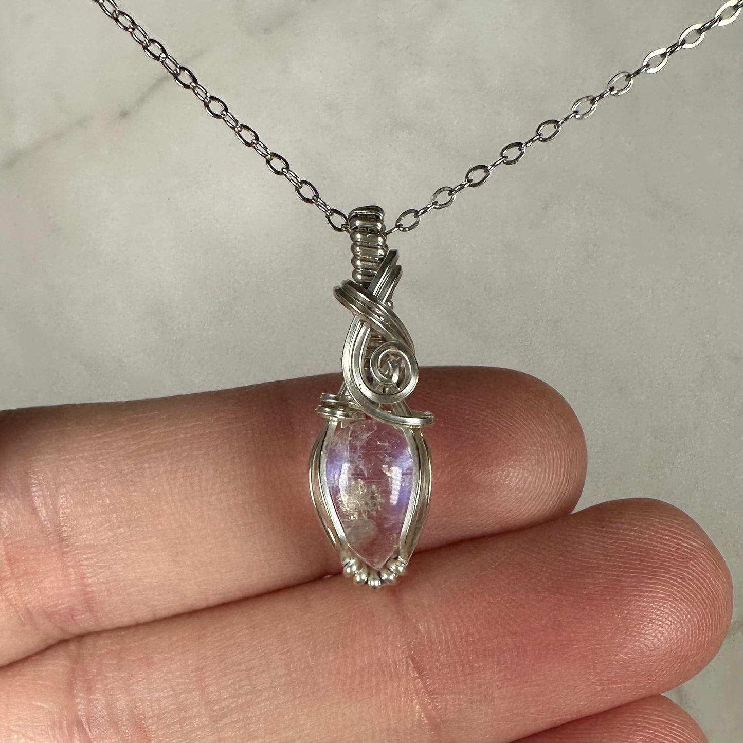 Sterling Silver Wire-Wrapped Rainbow Moonstone Pendant