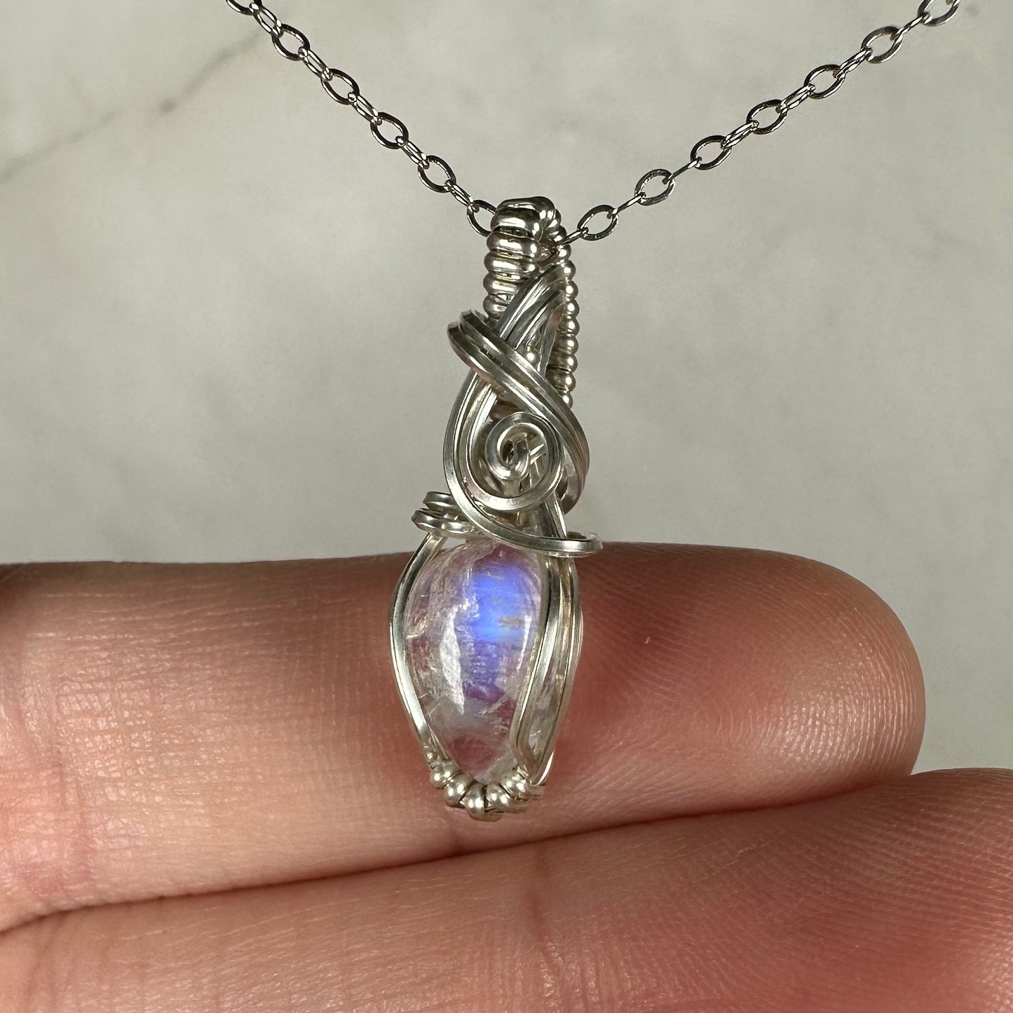Sterling Silver Wire-Wrapped Rainbow Moonstone Pendant