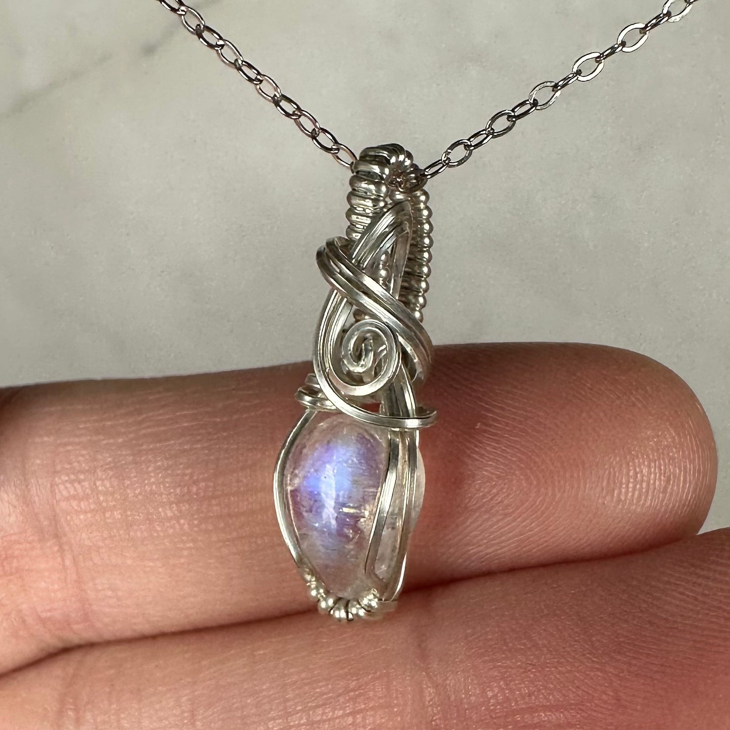 Sterling Silver Wire-Wrapped Rainbow Moonstone Pendant