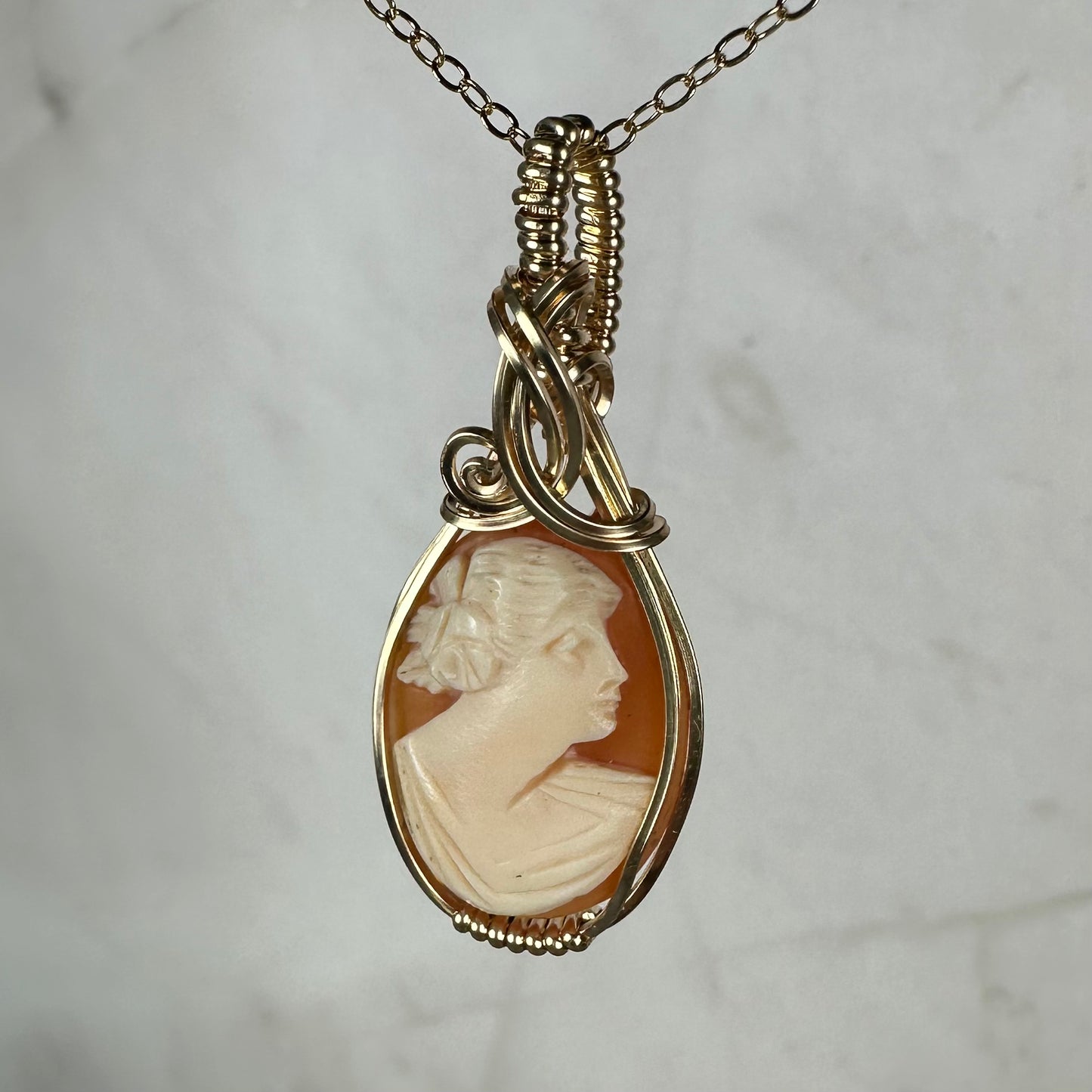 Vintage Carved Shell Cameo of Woman Pendant Wire-Wrapped in 14k Goldfill