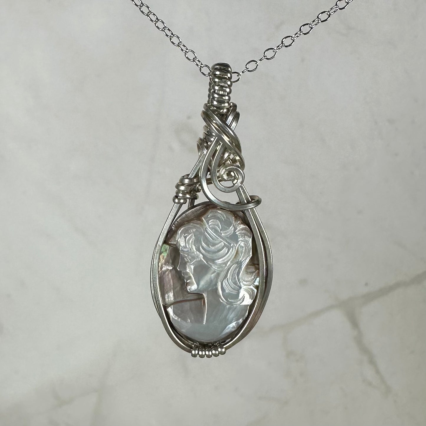 Sterling Silver Wire-Wrapped Vintage Mother of Pearl Carved Cameo Pendant