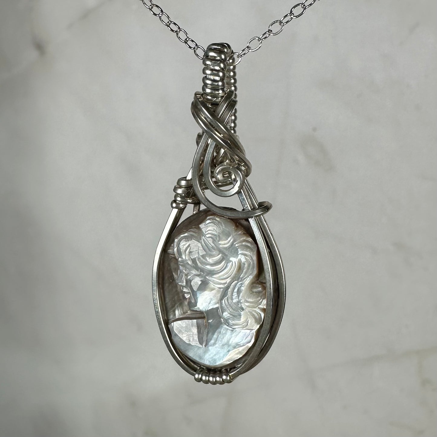 Sterling Silver Wire-Wrapped Vintage Mother of Pearl Carved Cameo Pendant