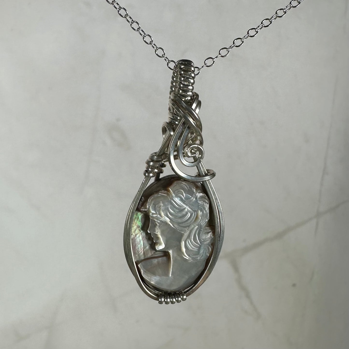 Sterling Silver Wire-Wrapped Vintage Mother of Pearl Carved Cameo Pendant