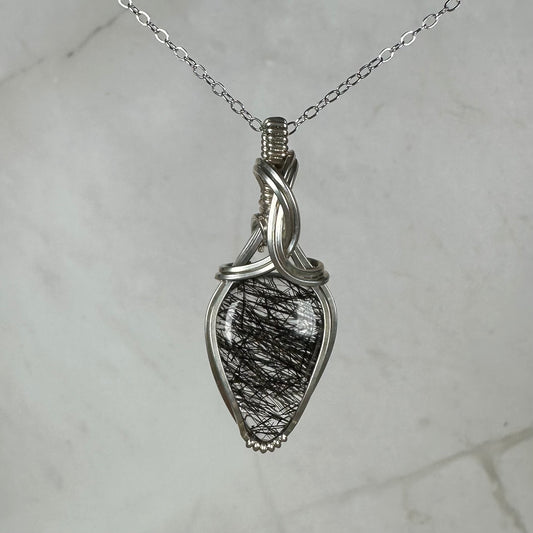 Wire-Wrapped Natural Black Tourmaline Rutilated Quartz Pendant in Sterling Silver