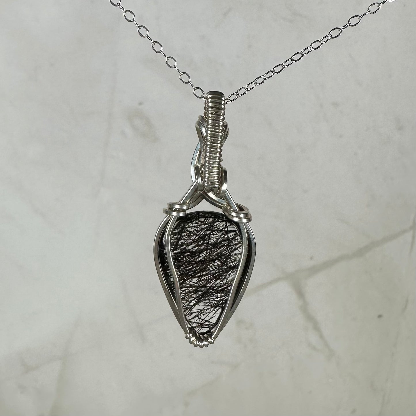 Wire-Wrapped Natural Black Tourmaline Rutilated Quartz Pendant in Sterling Silver