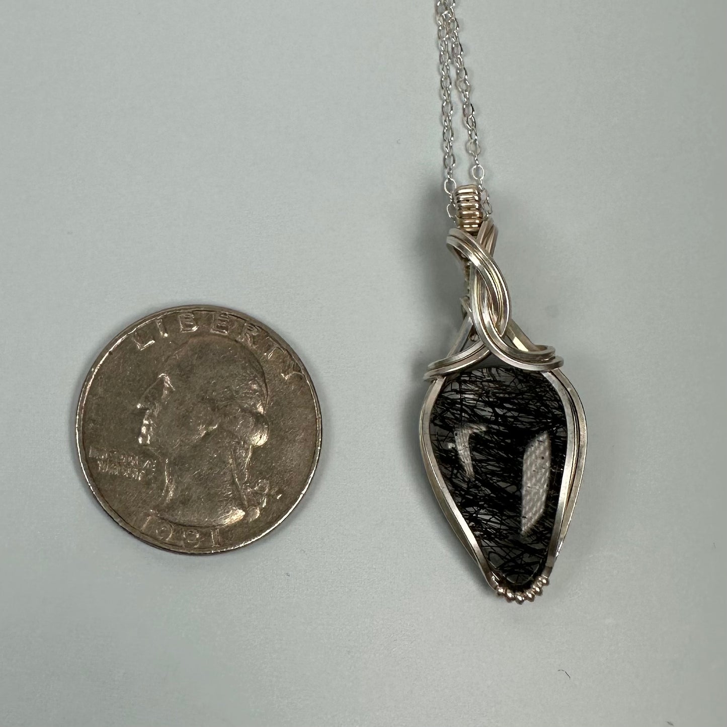 Wire-Wrapped Natural Black Tourmaline Rutilated Quartz Pendant in Sterling Silver