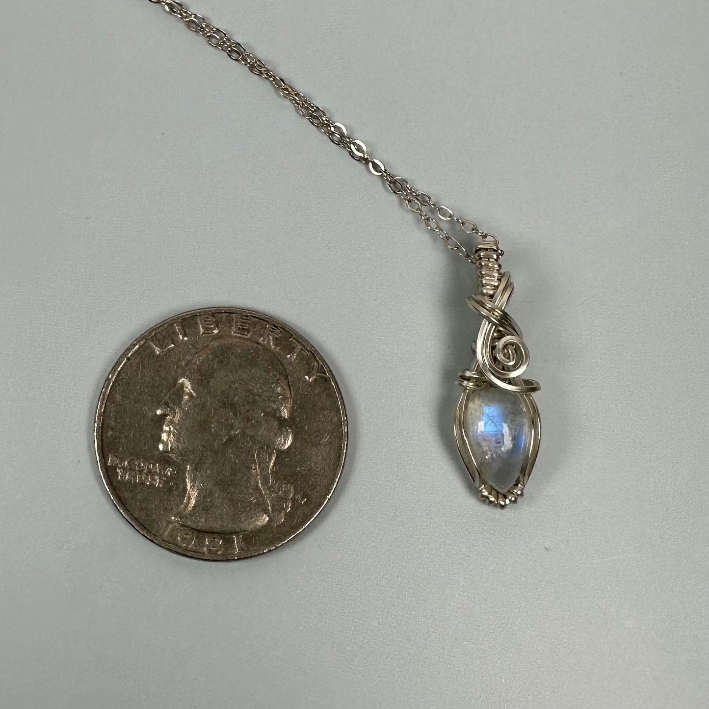 Sterling Silver Wire-Wrapped Rainbow Moonstone Pendant