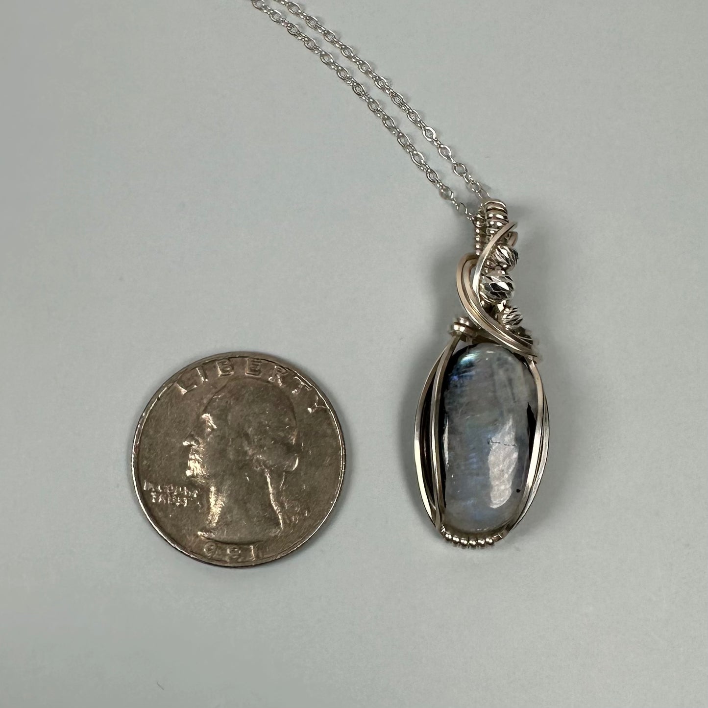 Rainbow Moonstone with Black Tourmaline Pendant Wire-Wrapped in Sterling Silver