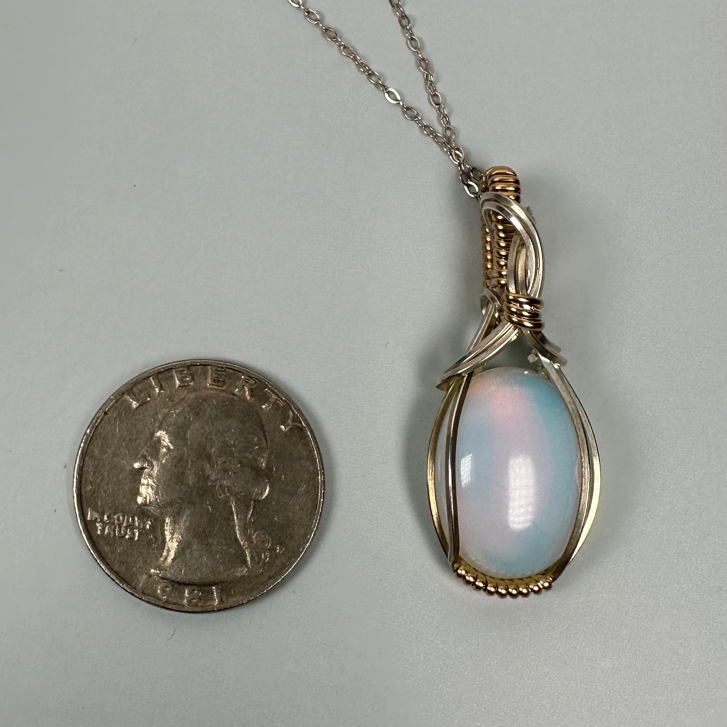 Opalite Glass Pendant Wire-Wrapped in Sterling Silver
