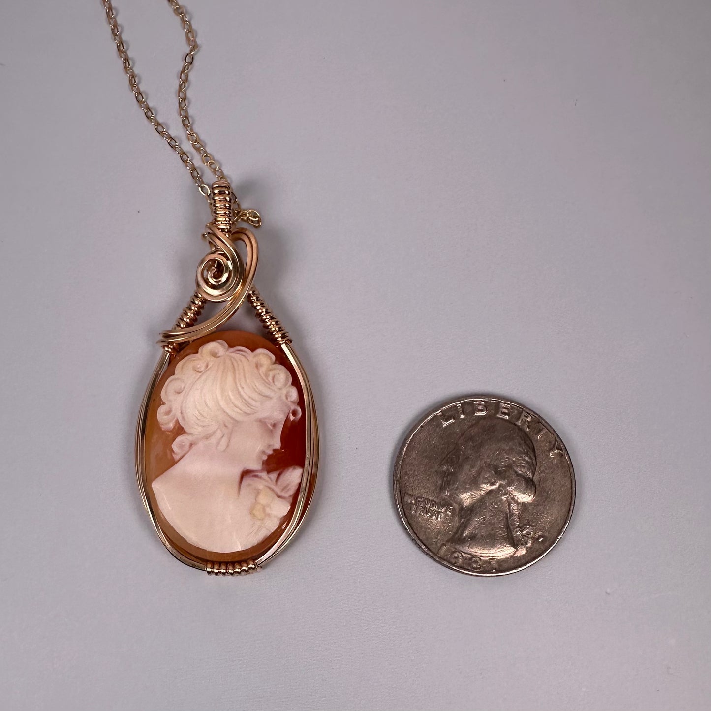 Vintage Carved Shell Cameo of Woman Pendant Wire-Wrapped in 14k Goldfill