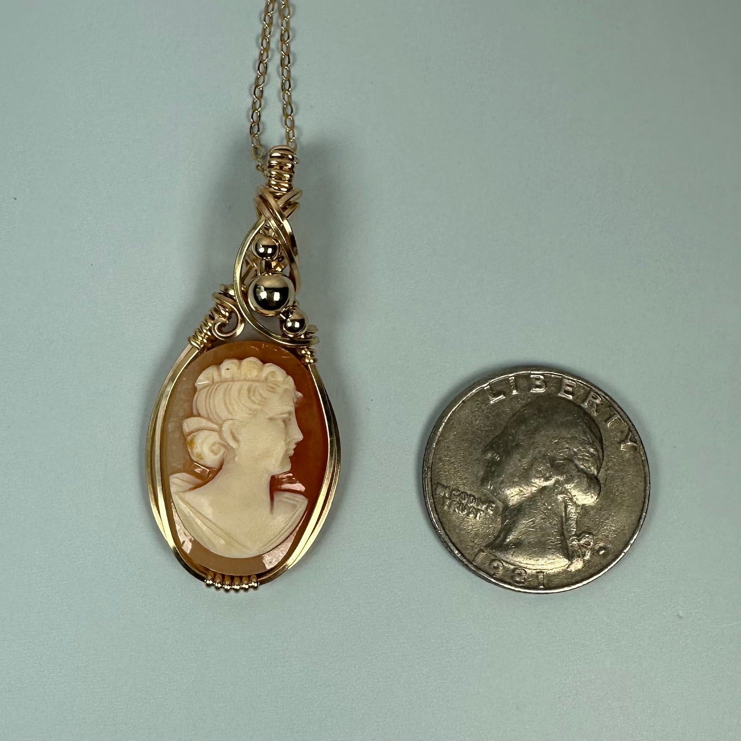 Carved Vintage Shell Cameo of Woman Pendant Wire-Wrapped in 14k Goldfill