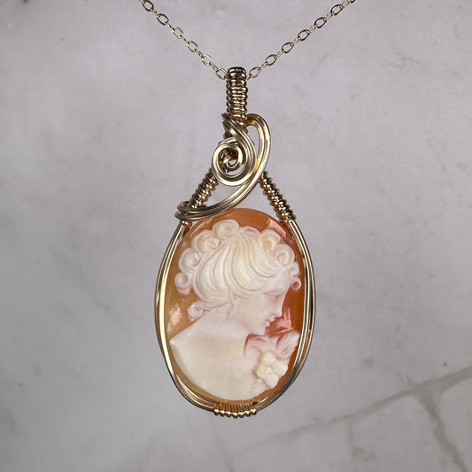 Vintage Carved Shell Cameo of Woman Pendant Wire-Wrapped in 14k Goldfill