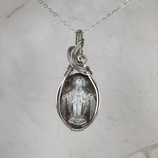 Sterling Silver Wire-Wrapped Vintage Mother of Pearl Carved Cameo Pendant of Miraculous Virgin Mary