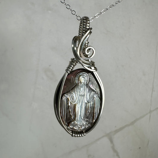 Sterling Silver Wire-Wrapped Vintage Mother of Pearl Carved Cameo Pendant of Miraculous Virgin Mary