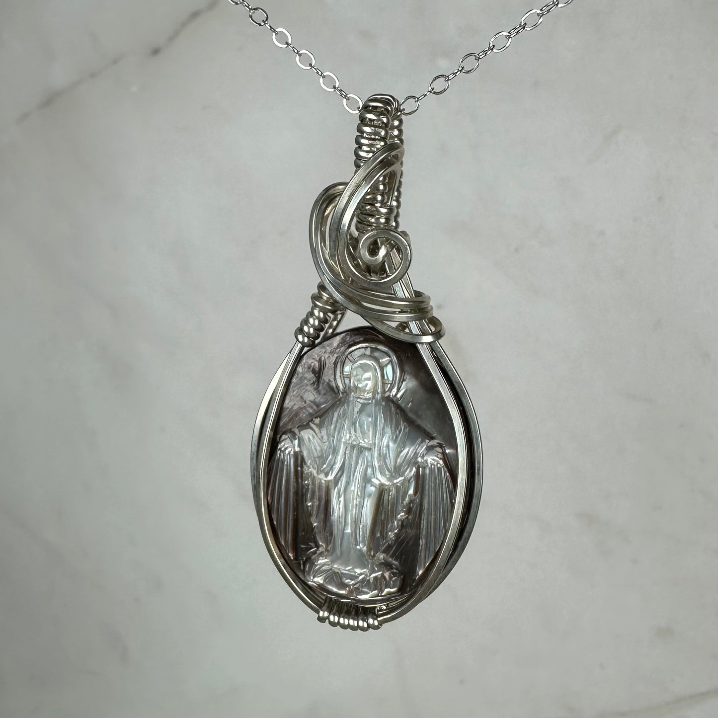 Sterling Silver Wire-Wrapped Vintage Mother of Pearl Carved Cameo Pendant of Miraculous Virgin Mary