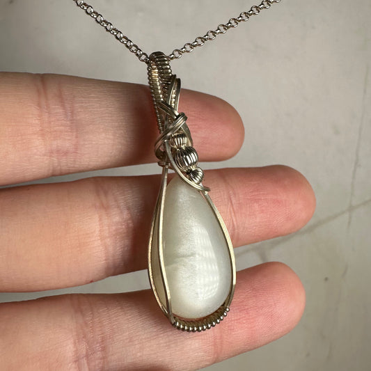 Wire-Wrapped Chatoyant Gray Moonstone Pendant in Sterling Silver