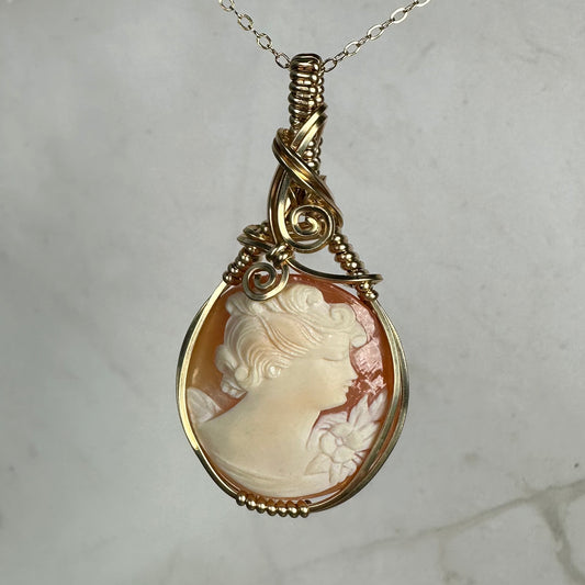 Wire-Wrapped Vintage Carved Shell Cameo of Woman Pendant in 14k Goldfill