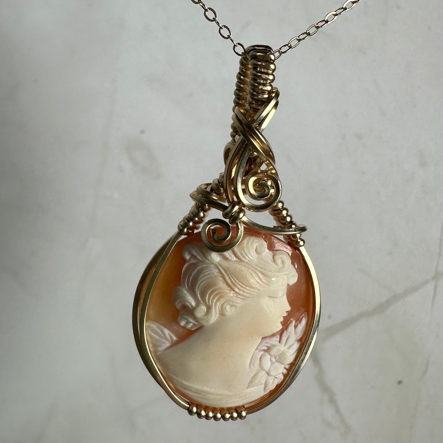 Wire-Wrapped Vintage Carved Shell Cameo of Woman Pendant in 14k Goldfill