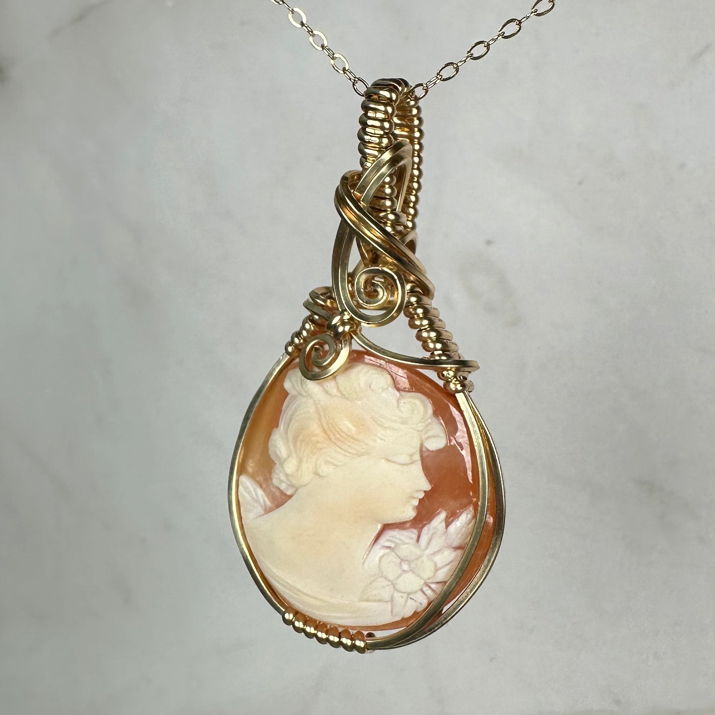 Wire-Wrapped Vintage Carved Shell Cameo of Woman Pendant in 14k Goldfill