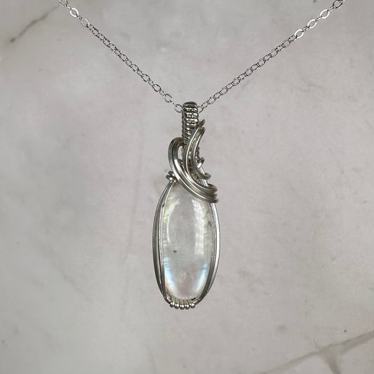 Sterling Silver Wire-Wrapped Rainbow Moonstone Pendant