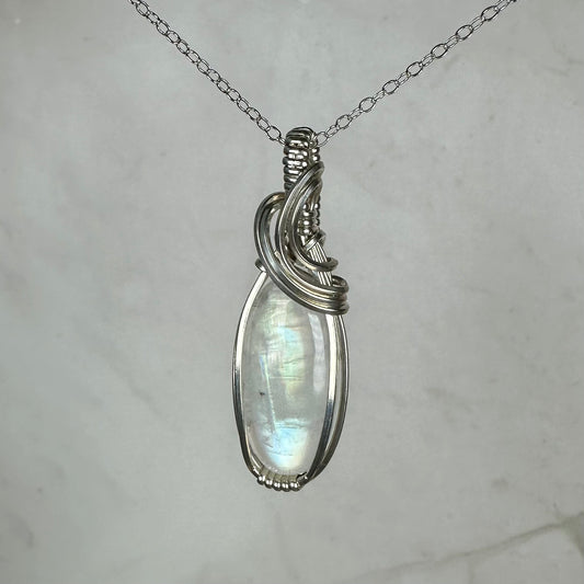 Sterling Silver Wire-Wrapped Rainbow Moonstone Pendant