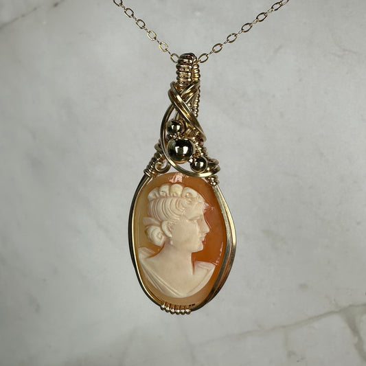 Carved Vintage Shell Cameo of Woman Pendant Wire-Wrapped in 14k Goldfill