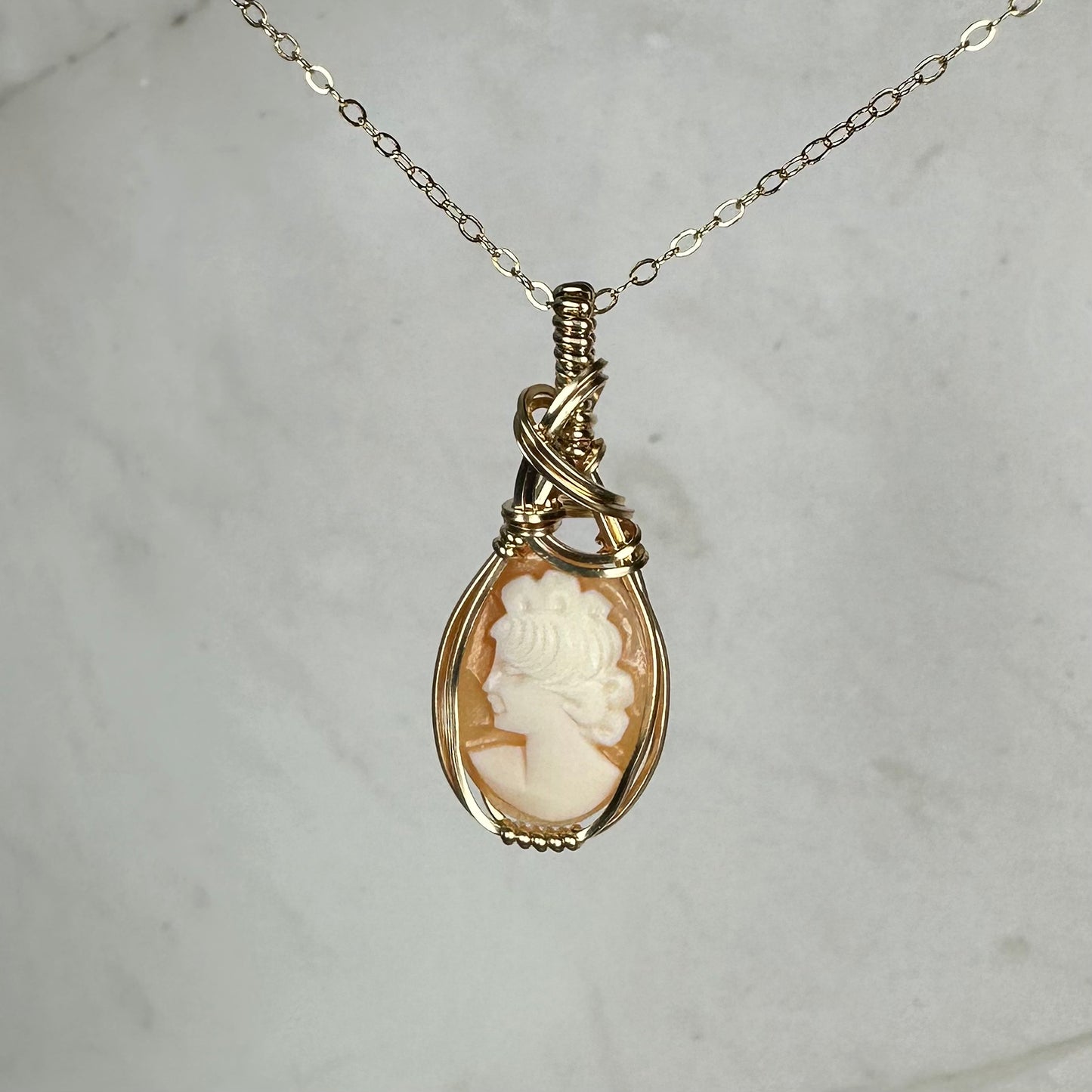 Vintage Carved Shell Cameo of Woman Pendant Wire-Wrapped in 14k Goldfill