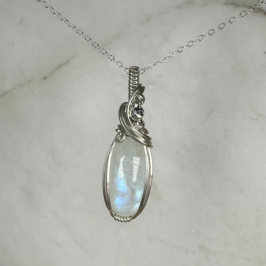 Sterling Silver Wire-Wrapped Rainbow Moonstone Pendant