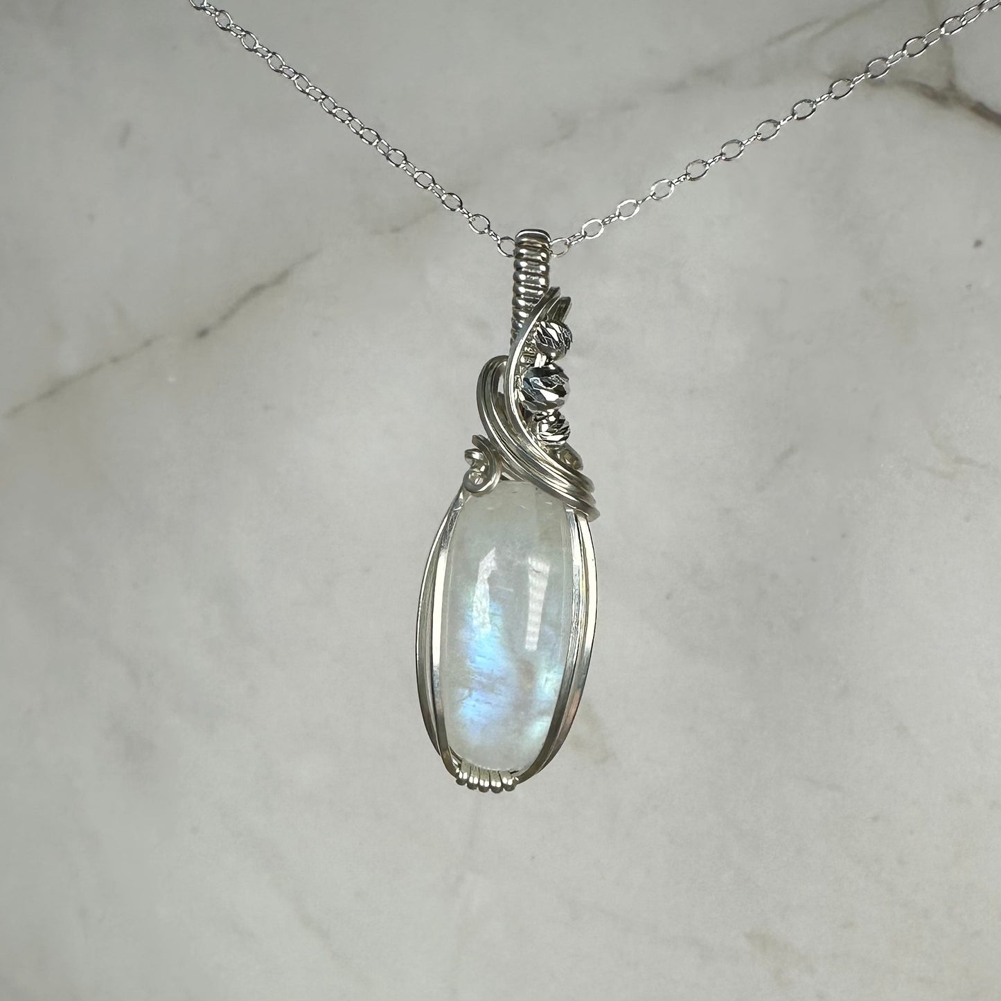 Sterling Silver Wire-Wrapped Rainbow Moonstone Pendant