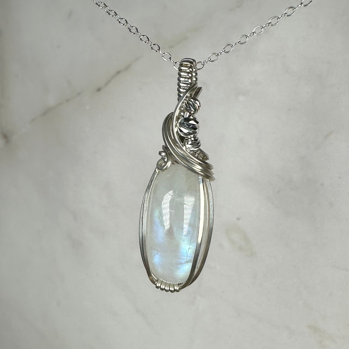 Sterling Silver Wire-Wrapped Rainbow Moonstone Pendant