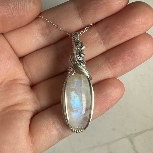 Sterling Silver Wire-Wrapped Rainbow Moonstone Pendant