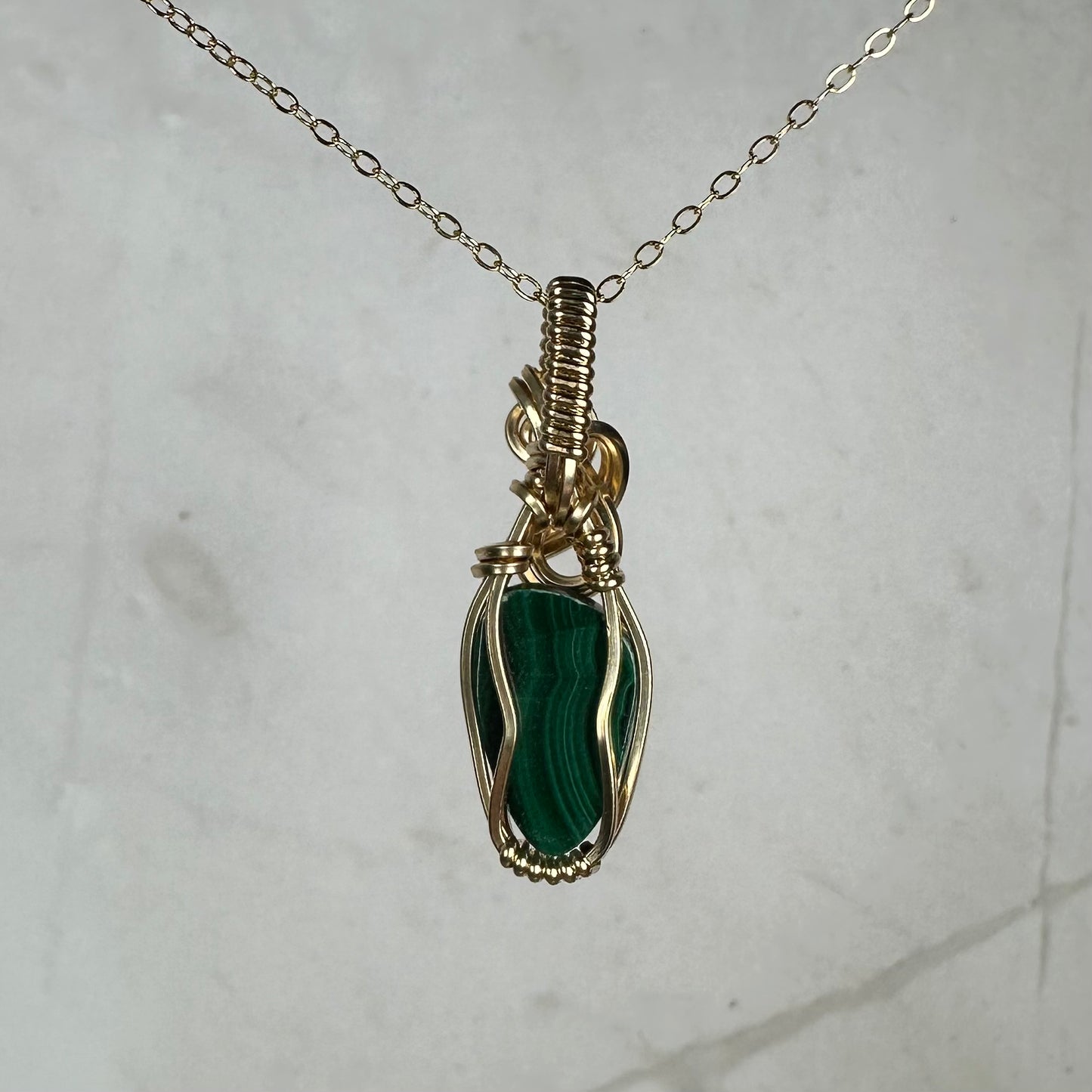 Malachite Pendant Wire-Wrapped in 14k Goldfill
