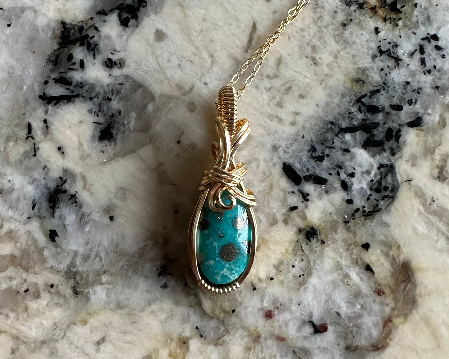 Wire-Wrapped White Water Turquoise with Pyrite Pendant in 14k Goldfill