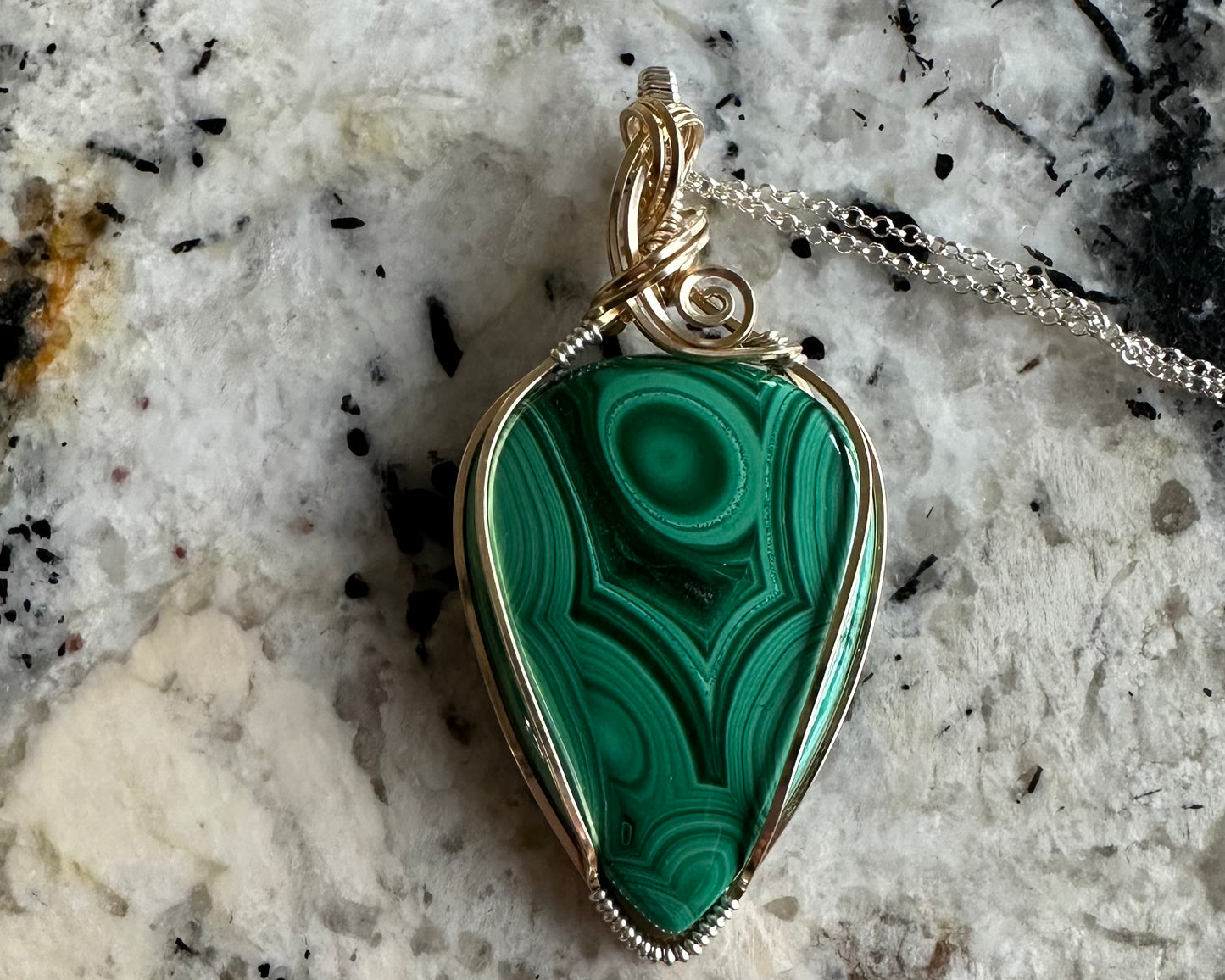 14k Goldfill and Sterling Silver Wire-Wrapped Malachite Pendant