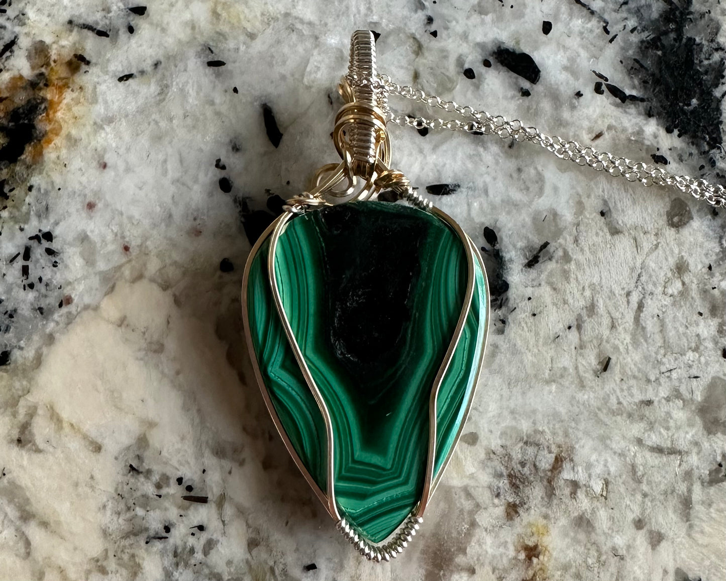14k Goldfill and Sterling Silver Wire-Wrapped Malachite Pendant