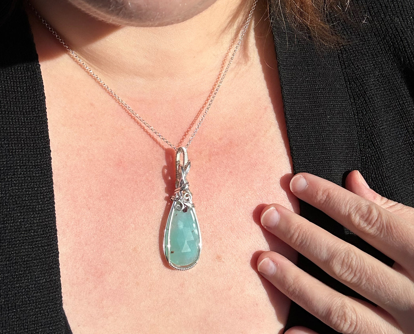 Sterling Silver Wire-Wrapped Rosecut Blue African Chalcedony Pendant
